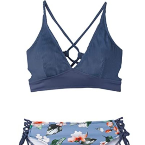 Floral Print Lace Up V Neck Two Piece Bathing Suit - Picture 2 of 5